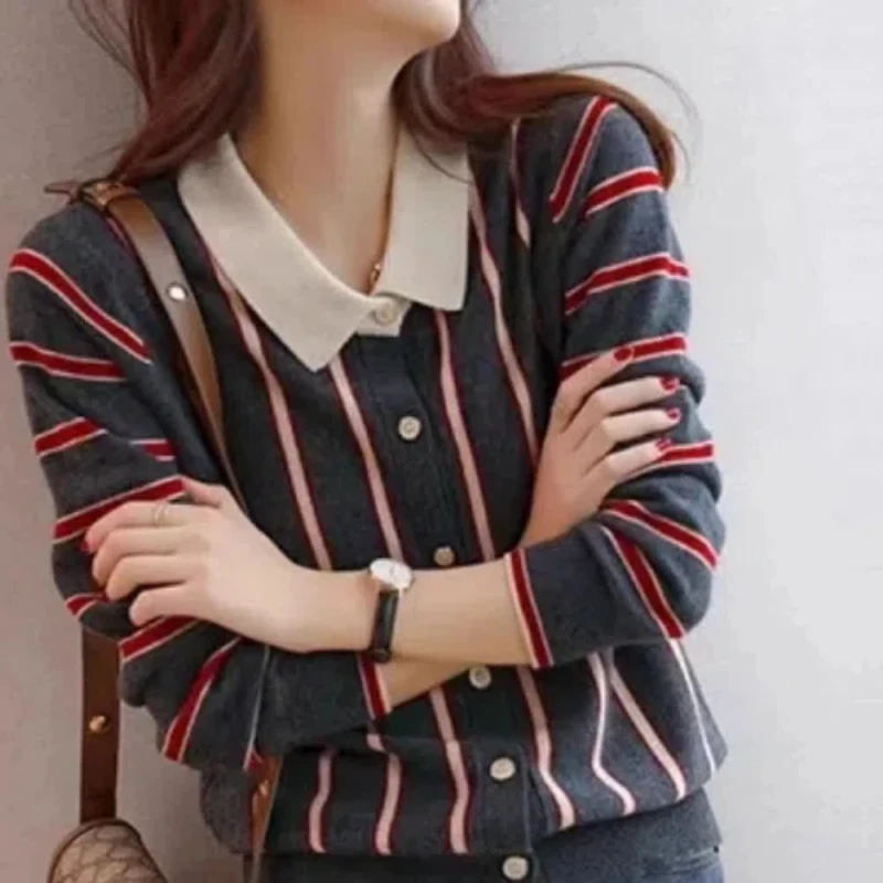 Spring Autumn Fashion Turn-down Collar Long Sleeve Striped Cardigan Women\'s Clothing Patchwork Loose Button Knitting Chic Tops