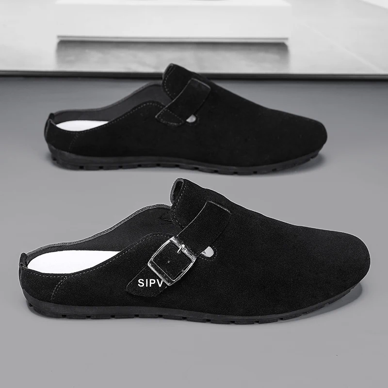 Zapatos de vestir caqui claro para hombre, calzado informal de cuero, mocasines sin espalda, Sandalias planas, Verano