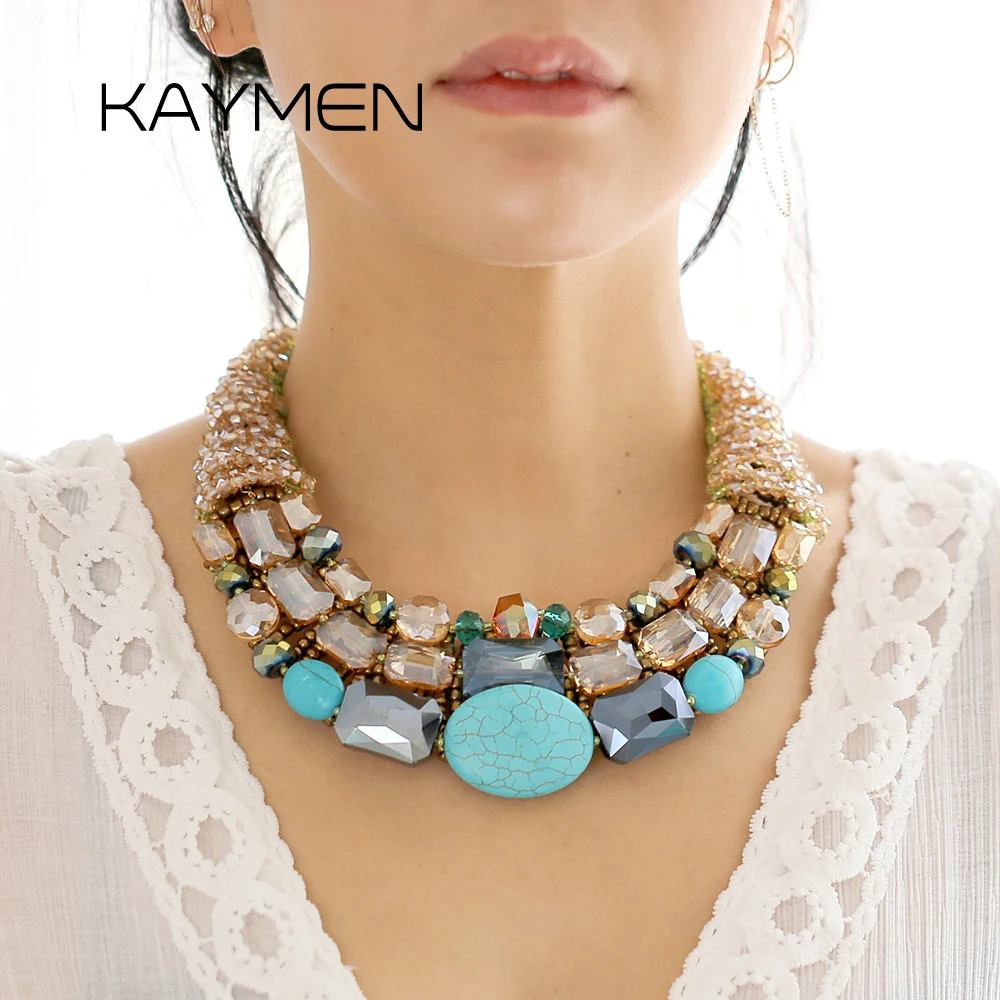 Fashionable Turquoise Crystals Statement Chunky Necklace for Women High-end Handmade Choker Bib Bohemia Jewelry Nice Gifts