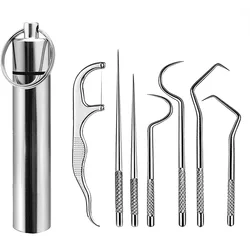 Palitos de aço inoxidável com chaveiro, durável e sanitário, picaretas de metal reutilizáveis, kit de limpeza dentária, 3 pcs, 4 pcs, 7pcs