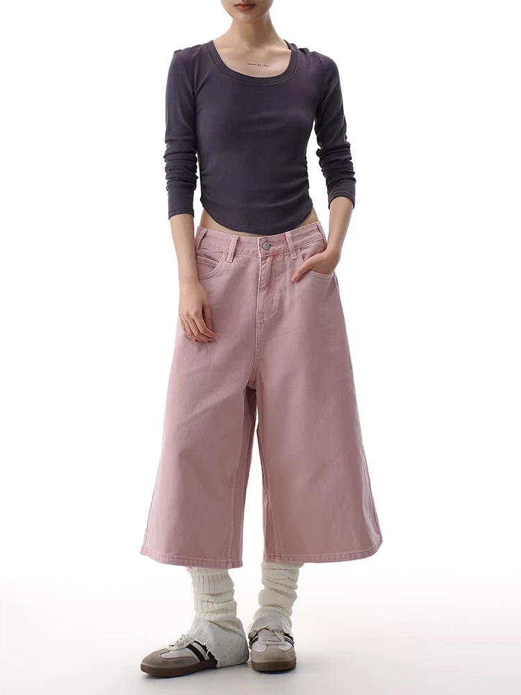 REDDACHiC Pink Cargo Jean Shorts Women Summer Jorts Cute Straight Wide Leg Low Waist Solid Casual Bermuda Pants Everyday Wear view 5