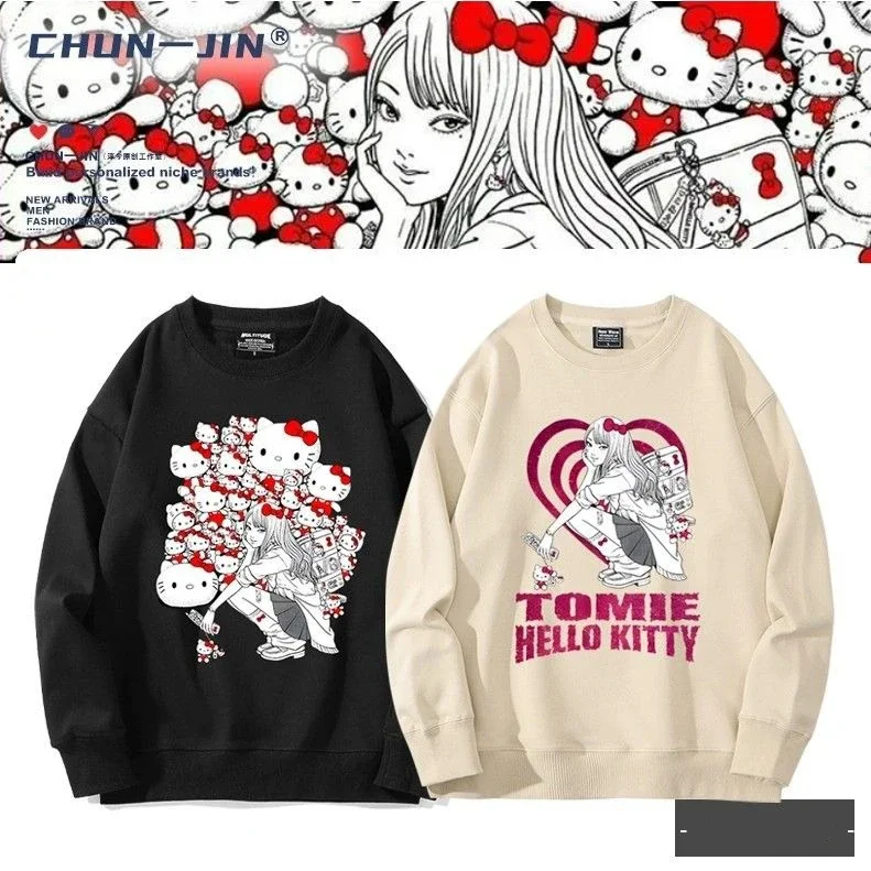 

Hello Kitty Junji Ito Tomie Sweatshirt with Cute Pattern Print Retro Fashion Pure Cotton Anime Men's and Women's Pullover