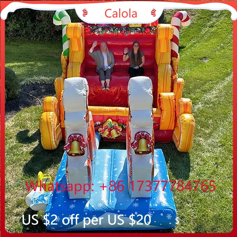 5M Fantastic Golden Large Inflatable Santa Sleigh Model Air Blow Up Santa's Sled for Christmas Decoration