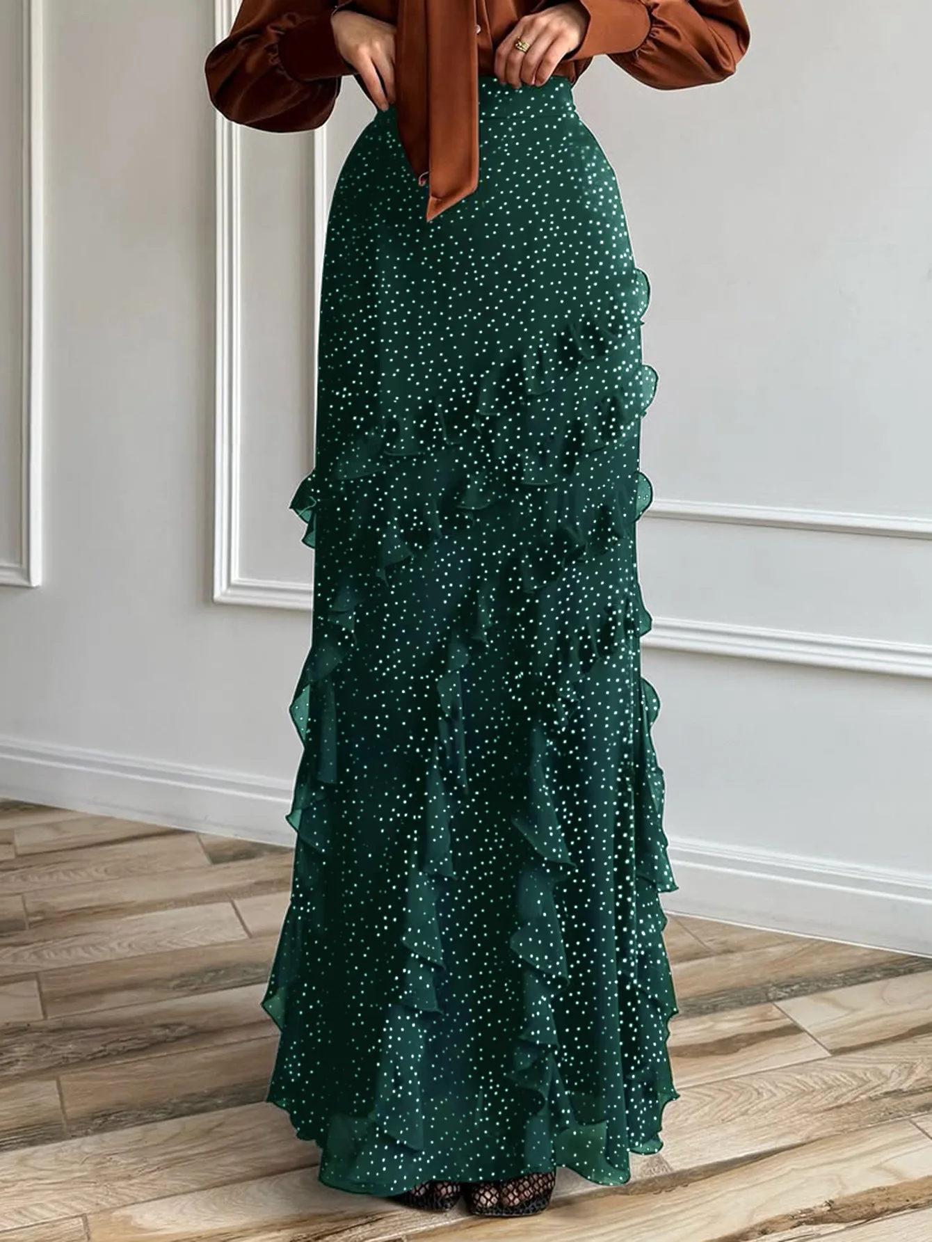 

Skirt for Women 2025 Spring New Fashion Polka Dot Print Leisure Vacation High Waist Ruffles Decor Casual Daily Long Skirt