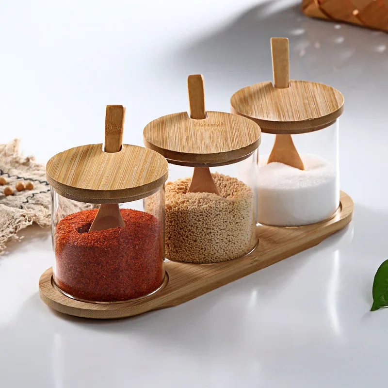 Creative Transparent Glass Spice Jar with Spoon Moisture-proof Seasoning Box Home Chili Spice Jar Kitchen Food Storage Container