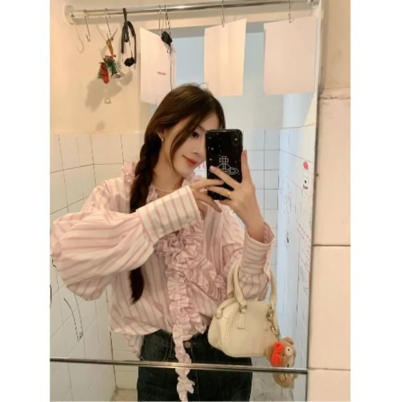 Deeptown Pink Striped V Neck Women Shirt Sweet Long Sleeve Ruffles Patchwork Korean Fashion Baggy Blouses Youthful Aesthetic