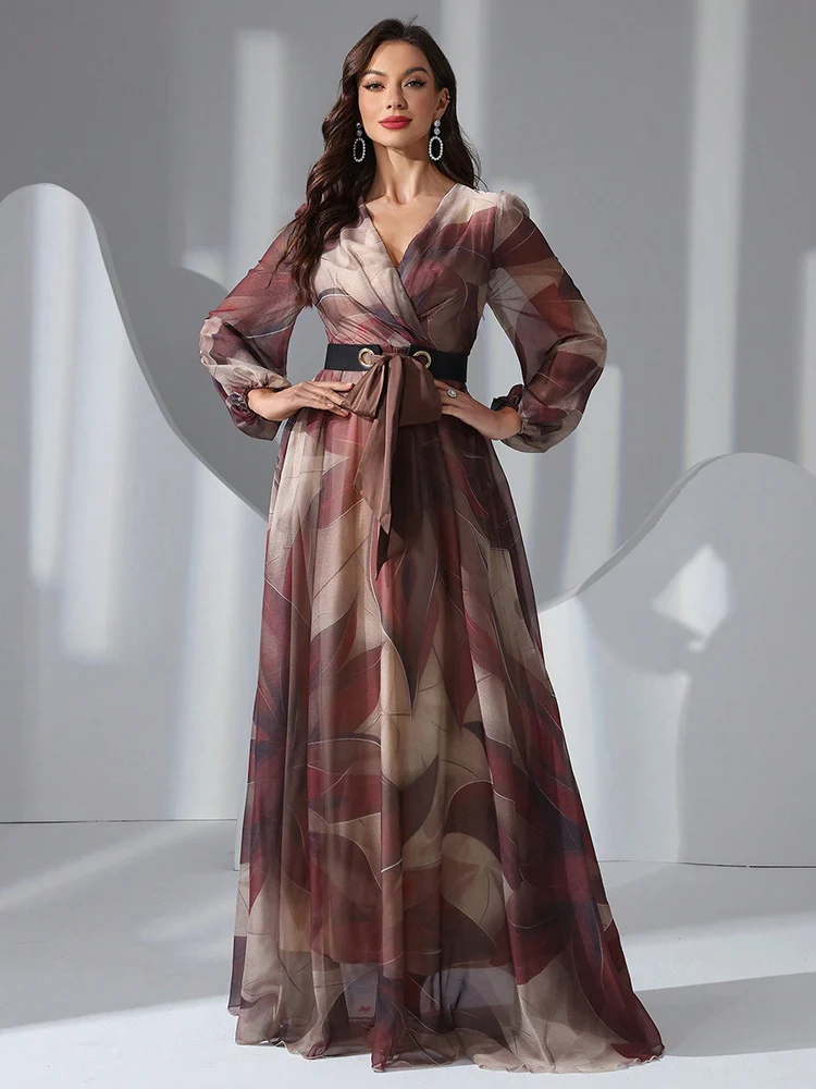 TOLEEN Womens V-Neck Lantern Sleeve Long Dress With Contrast Color Belt 2025 Fashion Casual Elegant Formal Party Evening Dresses