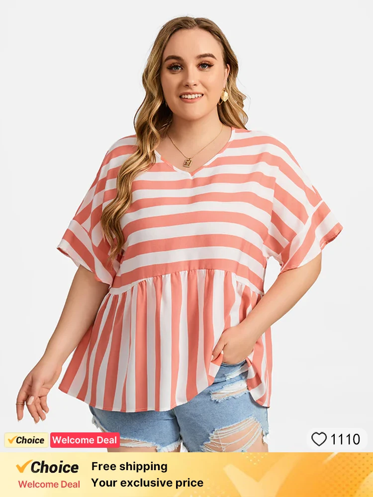 

Plus Sized Clothing Elegant Fashion Striped V-Neck Dolman Sleeve Blouse Loose Women's Casual Top Women All-match Chiffon Blouse