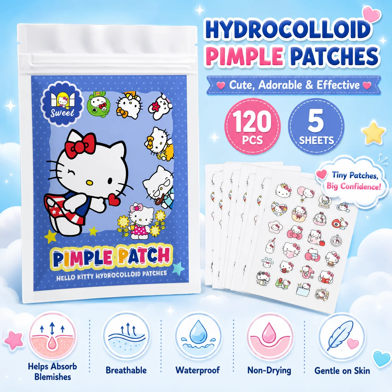 120PCS hello kitty Acne patches, facial acne patches, hydrogel acne removal patches, concealer