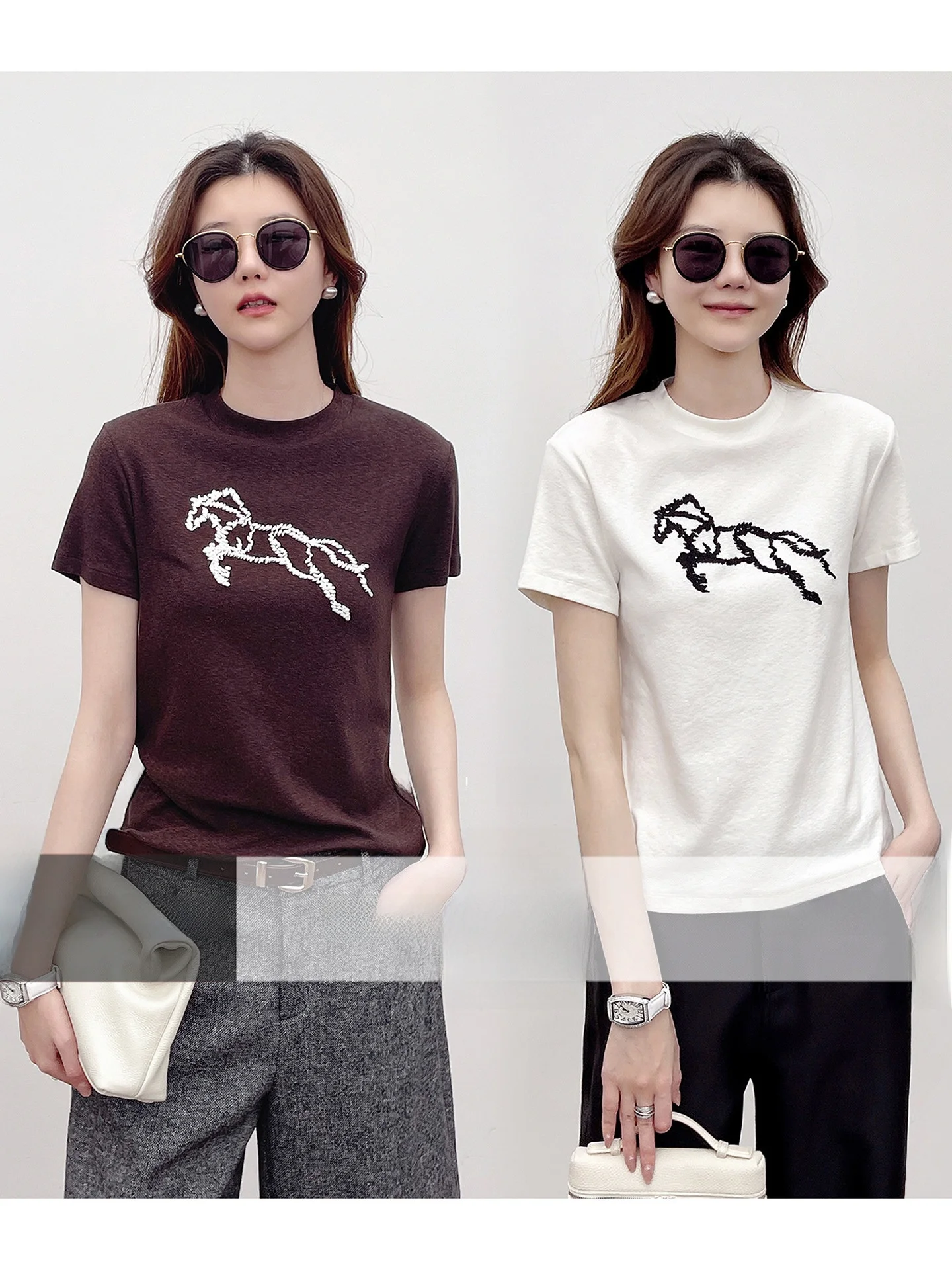 

Женская футболка с круглым вырезом и коротким рукавом, с ручной вышивкой, весенняя новинка, повседневная, прямого кроя, из хлопка