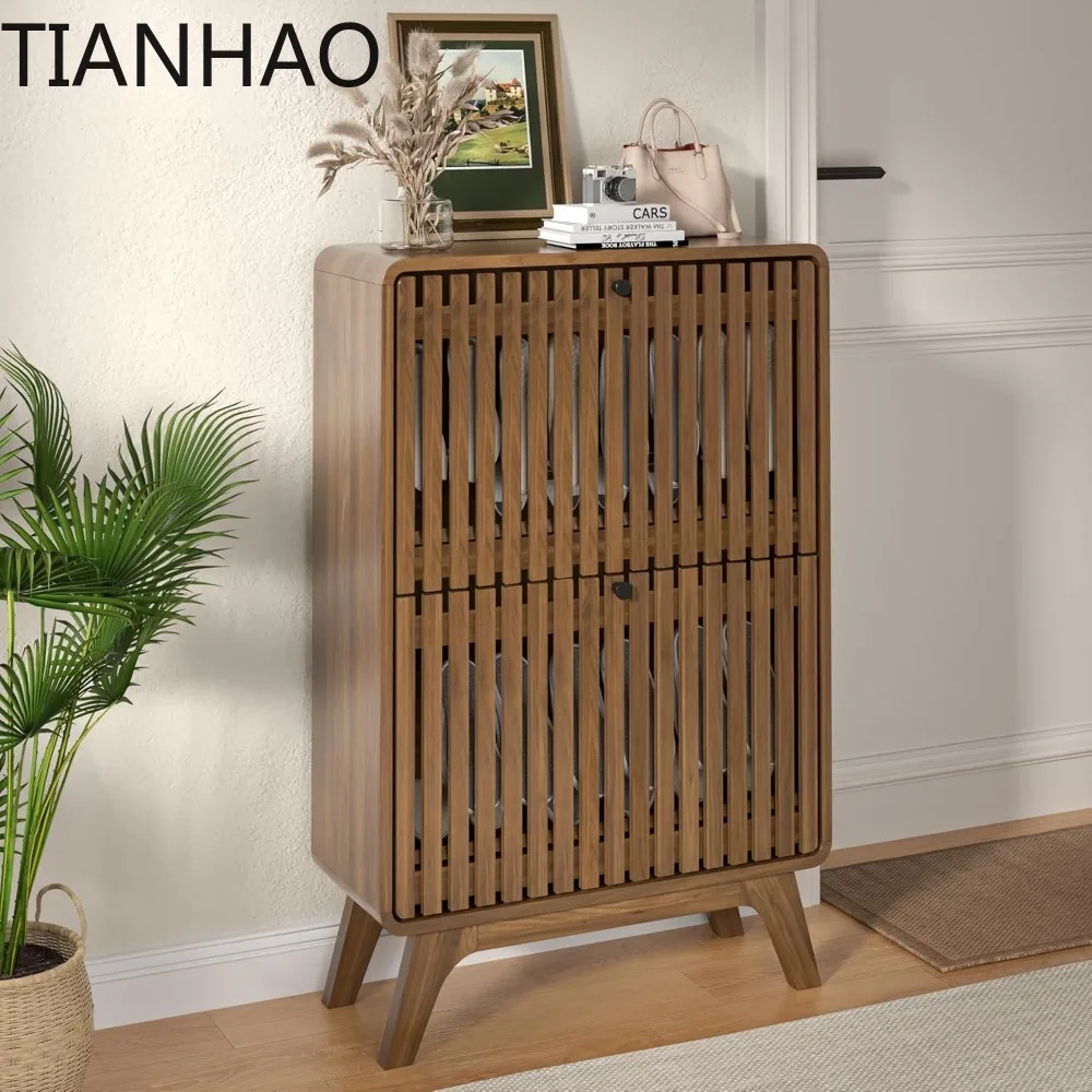 Fluted Entryway Shoe Cabinet Storage, Narrow Small Shoe Organizer Cabinet for Entry Way, Slim Modern Rack Organizer with 2 Flip