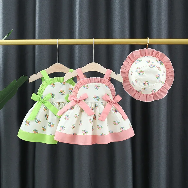 

Summer New Children's Soft and Comfortable Dress Girls Pleated Flower Bow Suspender Skirt Pure Cotton Sleeveless Ruffle Skirt