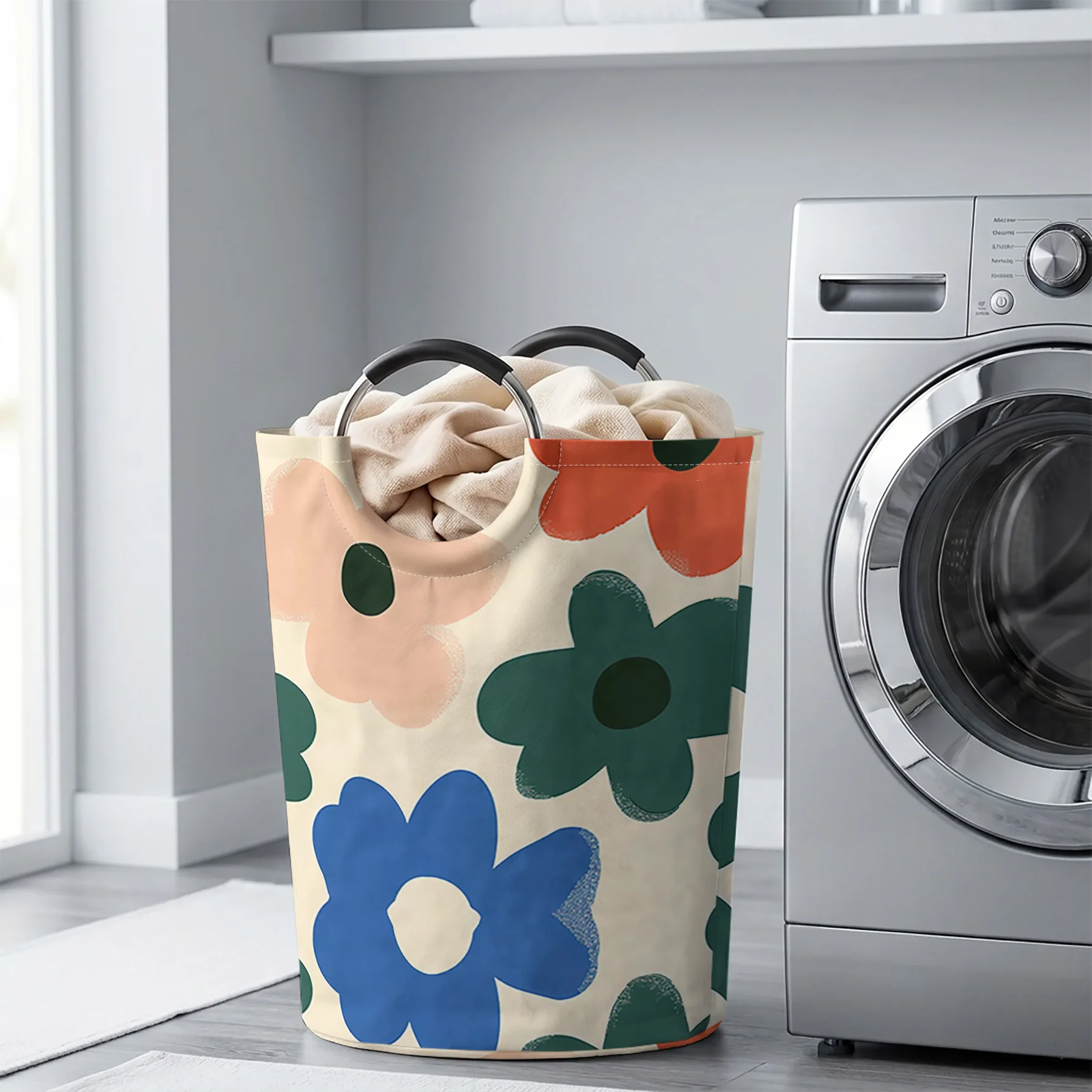Retro Color Block Art Flowers All‑Over Print Handheld Storage Basket, For Laundry, Bedroom & Home Sundries Storage