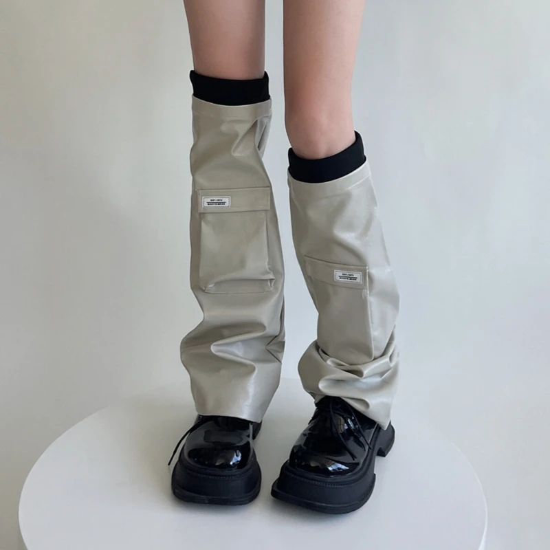 Calzini lunghi Y2k Calzini scaldamuscoli gotici in pelle PU Calzini punk per ragazze streetwear Copri gambe Calzini alti al ginocchio