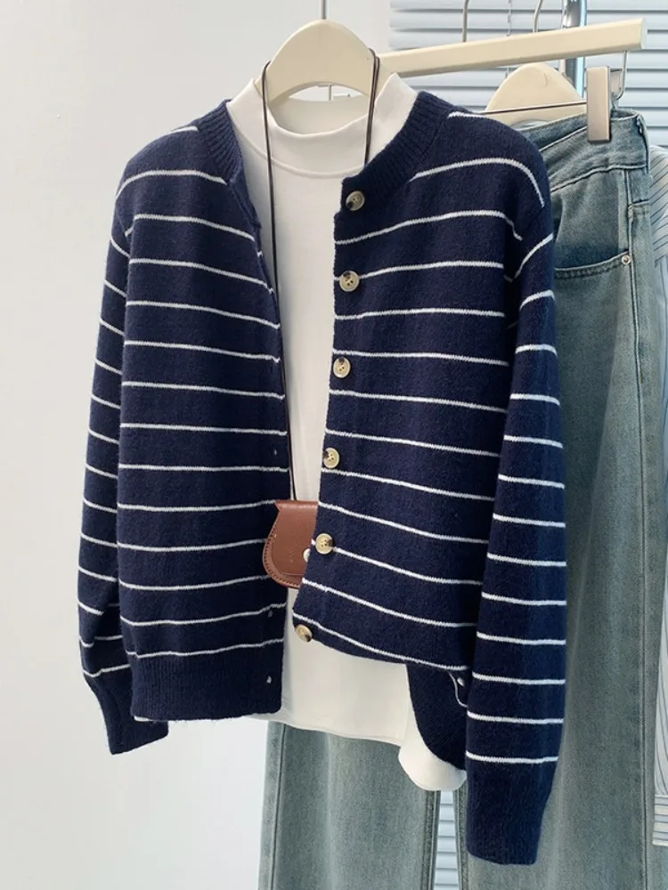 

Мягкий вязаный свитер Long Sve, женский круглый многослойный верх в полоску, осенняя модная утягивающая верхняя одежда для молодежи