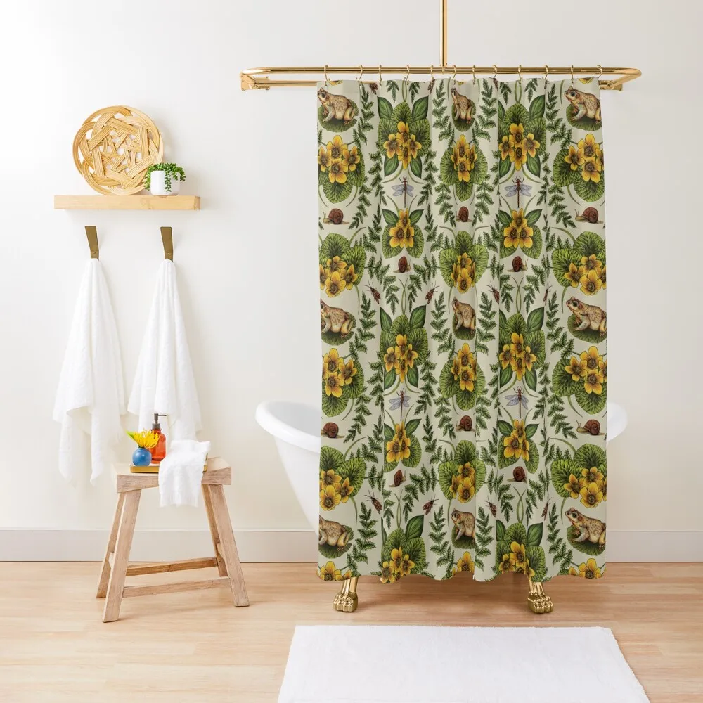 

Wetlands Creatures - Toads, Snails, Dragonflies & Marsh Marigolds Shower Curtain Bathroom Accessories Luxury Bathroom Curtain