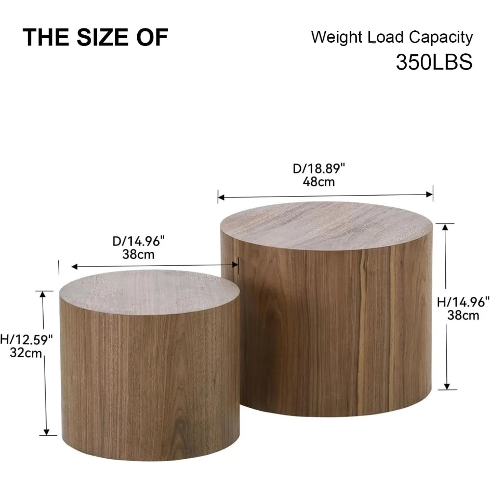 Nesting Coffee Table Set of 2, Modern Round Coffee Table with Non-Slip Feet, Walnut Wooden Circle Accent Tables for Small Spaces