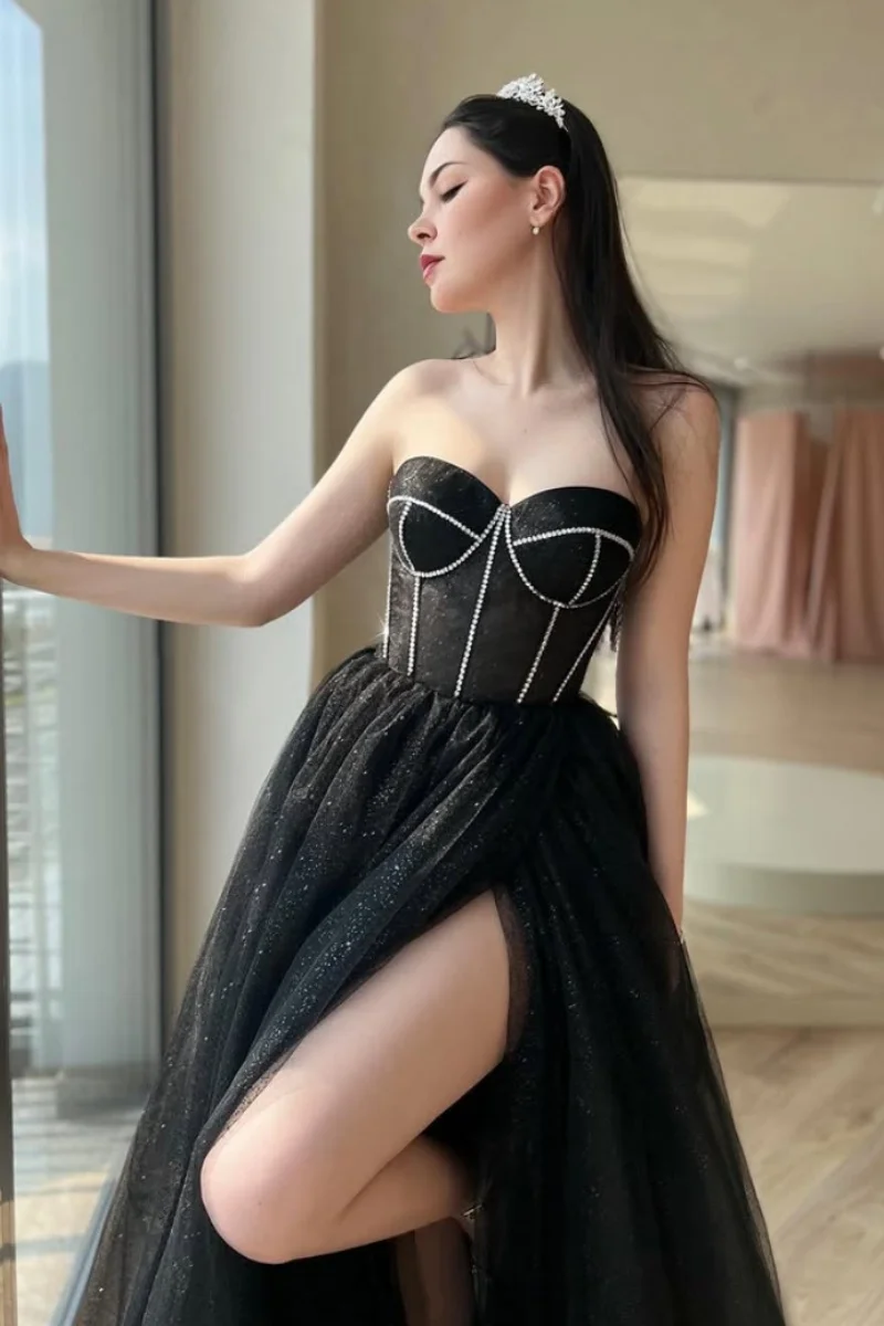 Jessica Glitter Embroidered Beads Prom Dresses Black Tulle Wedding Dress Off-shoulder Side Slits Robes De Soirée Customized 2025