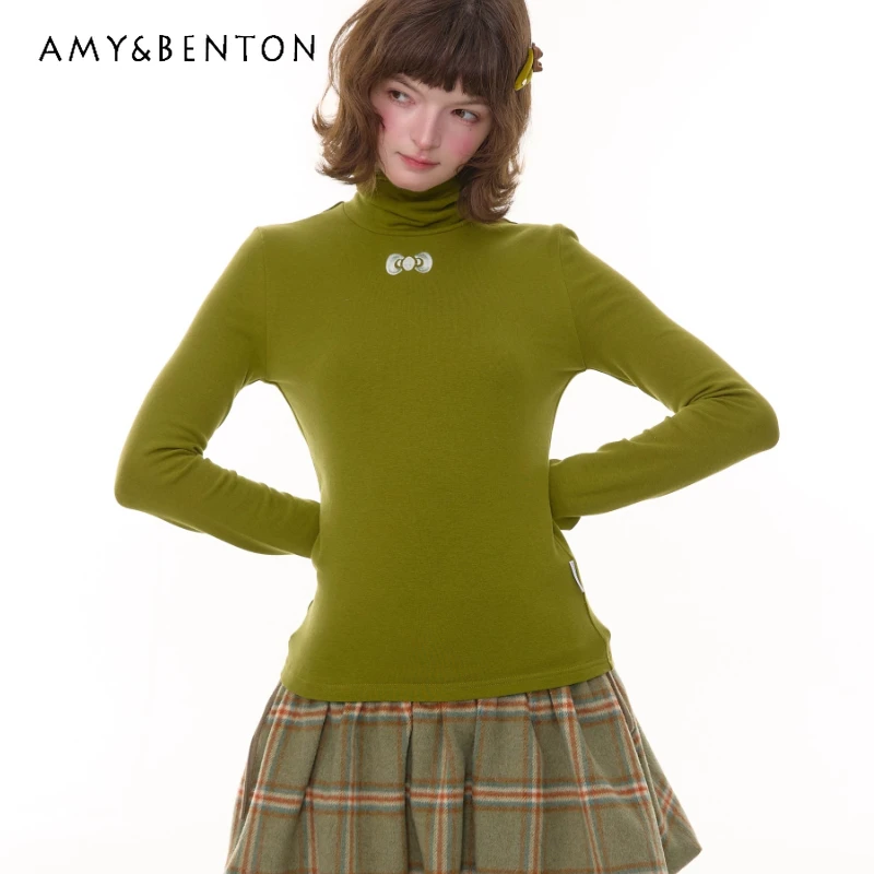 

Autumn Winter American Retro High Neck Slimming Women's Bottoming Shirt Original Design Knitted Versatile Warm T-Shirt Ladies