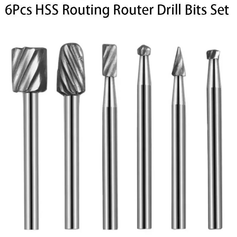 6Pcs HSS Routing Router Drill Bits Set Wood Stone Metal Root Carving Milling Cutter Tool Milling Cutter Rotary Burr Cutting Tool