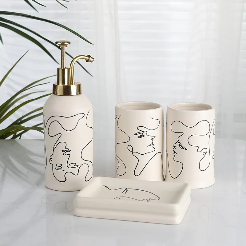 

Ceramic Bathroom Toiletries Facial Pattern Bathroom Set of Four Bathroom Accessories Home Decoration Mouthwash Cup Lotion Bottle