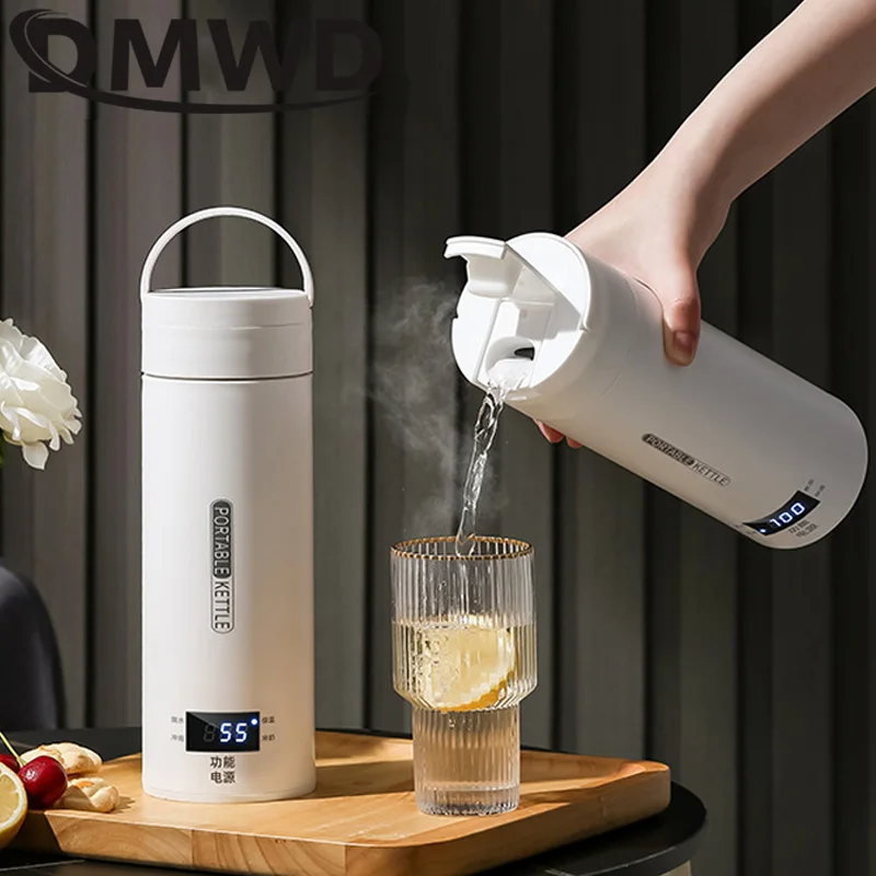 DMWD Portable Electric Heating Cup Hot Water Thermal Boiler 500ml Travel Electric Kettle Stainless Steel Insulated Water Bottle