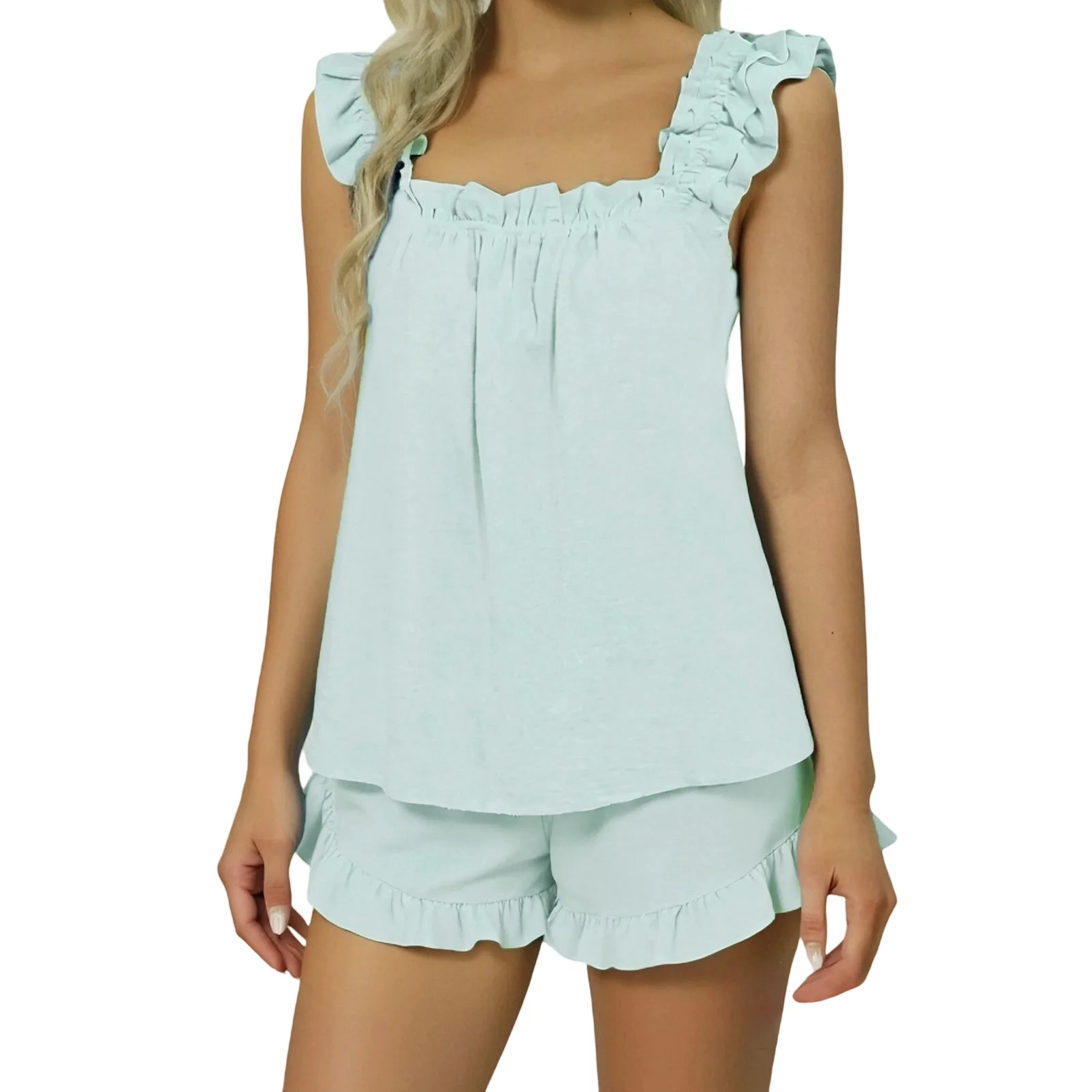 

Женский пижамный комплект из 2 предметов, милый комплект из топа без рукавов с рюшами и шорт, комплект одежды для отдыха