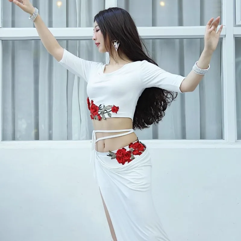 Costume de danse du ventre personnalisé, tenue d'entraînement, tenue de spectacle de danse orientale Sexy, vêtements de danse modaux Rose brodés pour femmes