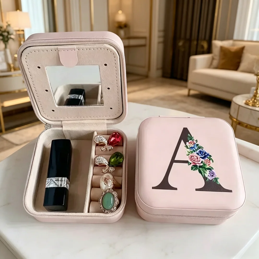 

Rings Earrings Zipper Jewelry Box Personalized Letter Leather Travel Jewelry Case Bridesmaid Proposal Jewellery Holder Her Gift