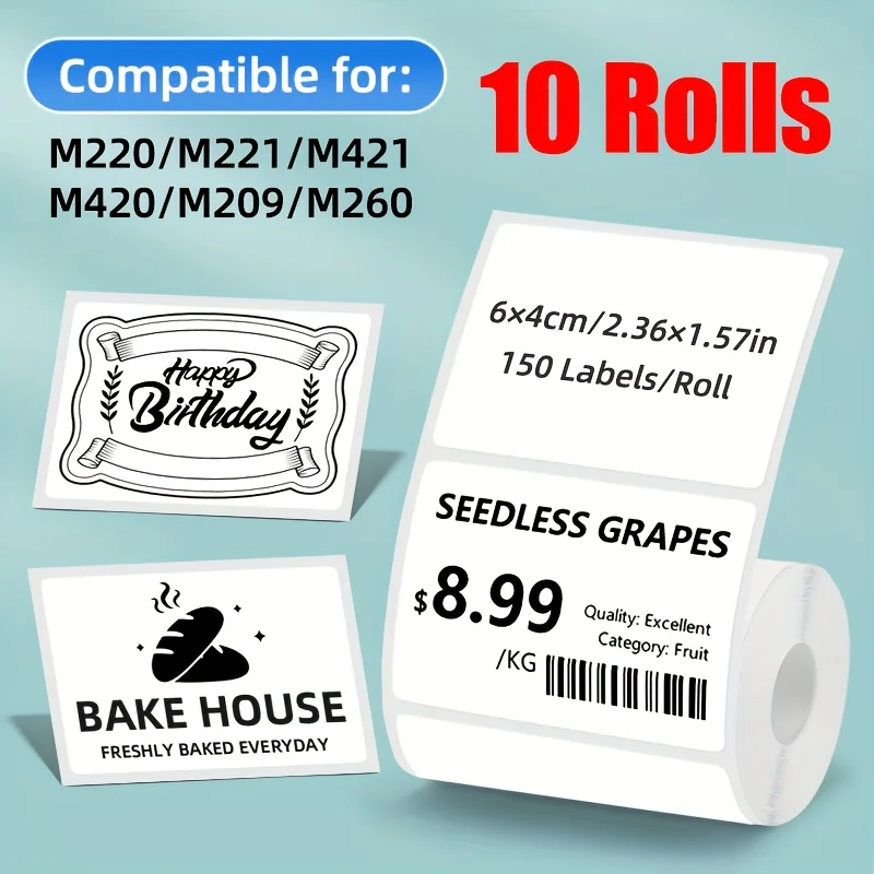 10 Rolls of 60X40 mm White Rectangular Label Stickers, 150 Stickers Per Roll, Coreless Thermal Adhesive, for Office, School, Supermarket Pricing, Blank Barcode Labels, Sku Barcode Self-Adhesive Address Shipping Label Stickers, Compatible with M220, M221, M421, M420, M209, M260 Portable Label Printers