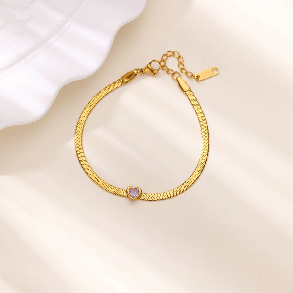 12 Monate Geburtsstein Herz-Armband für Frauen, Goldfarbenes Edelstahl-Flachketten-Armband, Trendiger Geburtstags-Sternzeichen-Schmuck – Detail 5