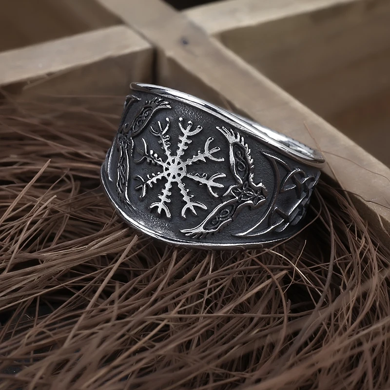 Compass Nordic viking odin symbol Raven Rune Vegvisir 316L Stainless steel Ring With Valknut Boyfriend Gift For Man V191