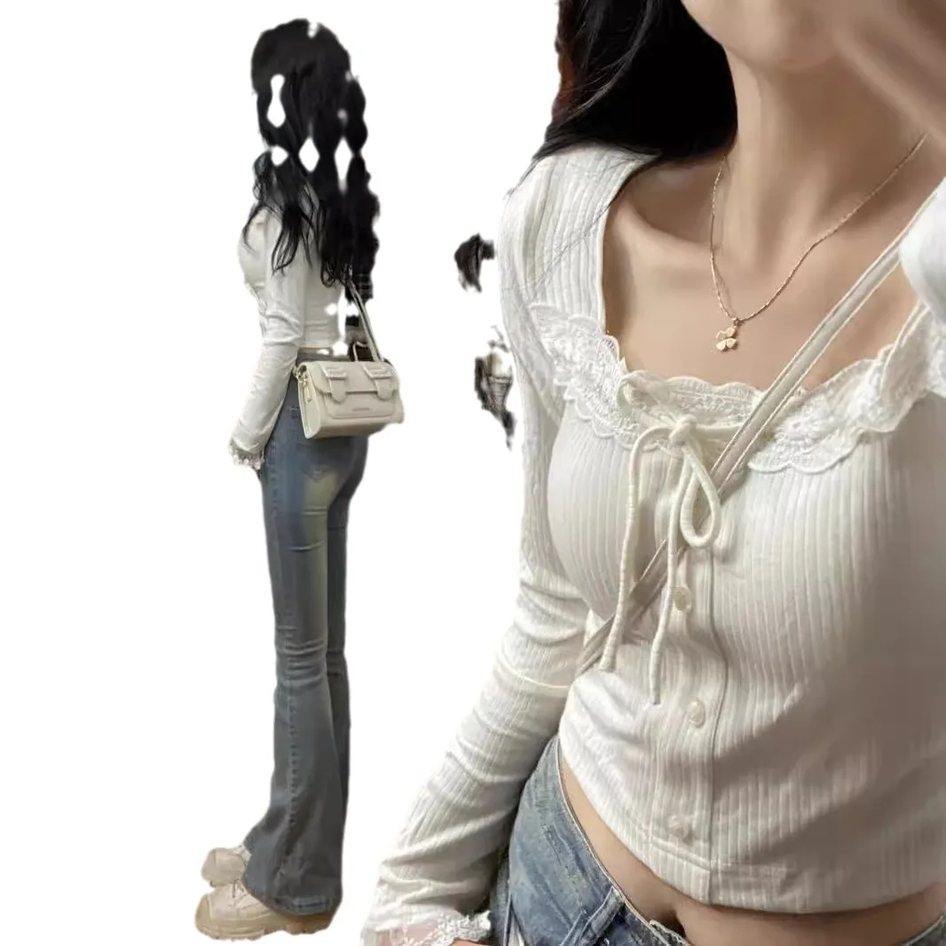 Chemise à Base de dentelle pour femmes, Niche, coupe cintrée, douce et chaude, haut court à manches longues, printemps et automne