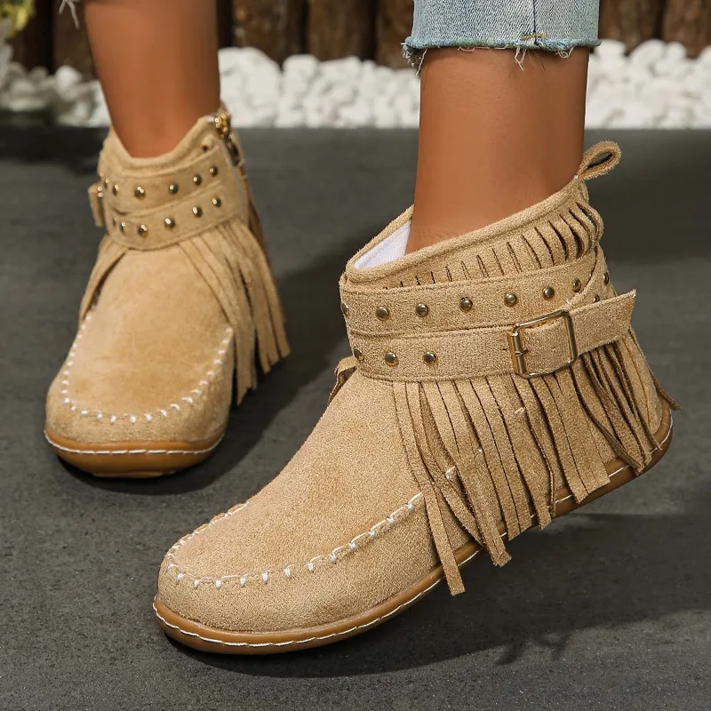 Ladies Casual Vintage Solid Color Fringe Booties Comfortable Flat Mid Cylinder Round Head Plus Taupe Boots for Women with Heel