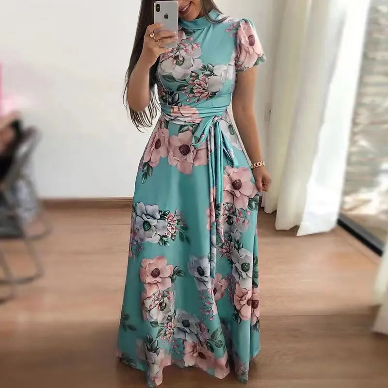 Nowa seksowna i modna sukienka z nadrukiem cyfrowym z dużą sukienką Swing Women Casual Lace-Up Floral Boho Maxi Dresses Vestidos