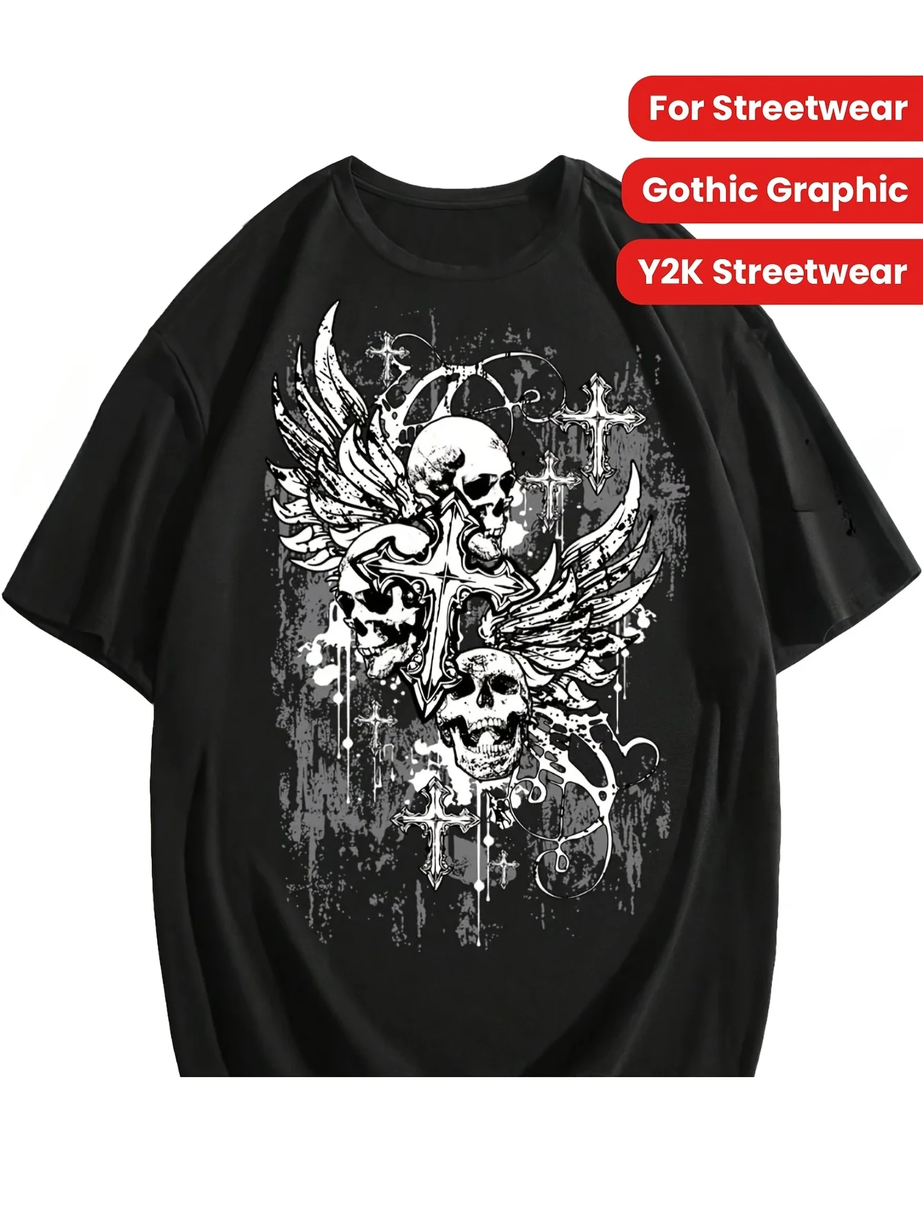 Men's Gothic Style Graphic T-Shirt - Skull Design, Drop Shoulder Style, Short Sleeves, Y2K Street Fashion Style