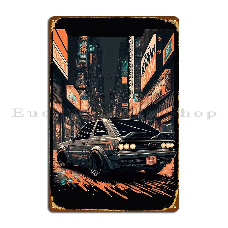 Cool Retro Vintage Sport Hatch Racer Car Twin Spoiler In City Metal Plaque Design Pub Designing Designer Tin Sign Poster