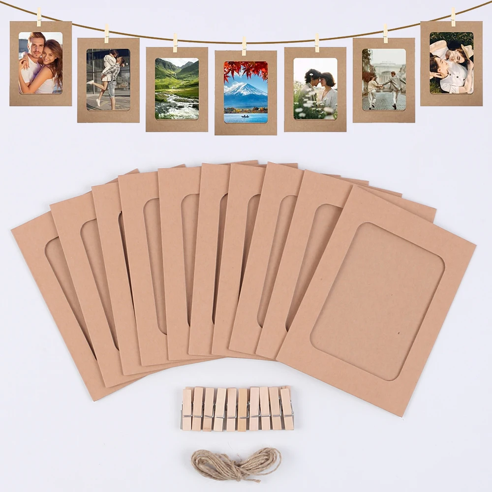 Ensemble de cadres Photo en papier avec Clips en bois et corde, bannière d'exposition de photos suspendue, décor de fête d'anniversaire et de mariage pour la maison, DIY bricolage, 10 pièces