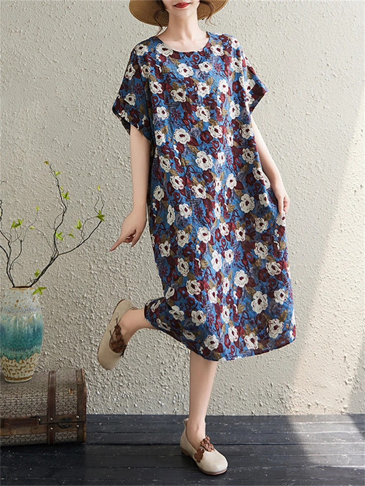 Baumwolle Vintage Floral Print Kleider Für Frauen Sommer Kurzarm Casual Lose Lange Kleid Vestidos Femme Robe Elegante Kleidung