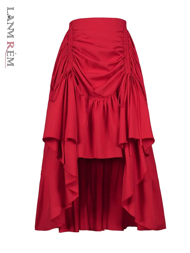 LANMREM Long Irregular Skirt For Women Red Color Gothic Drawstring High Waist Party Dresses Female Fashion Spring New 2DB2181