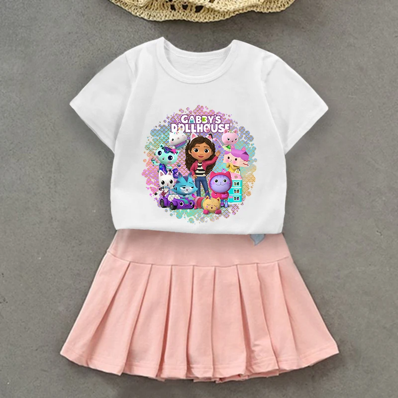 Gabby's Dollhouse Kids T-shirt Pleated Skirt Set Cute Cartoon Love Embroidery Skirts Cotton Girls Summer Clothes Birthday Gifts