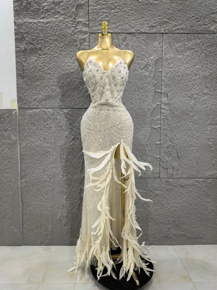 

New Arrival Khaki Women Sexy Strapless Shinning Crystal Feathers High Split Bodycon Long Mermaid Dress Celebrate Evening Wear