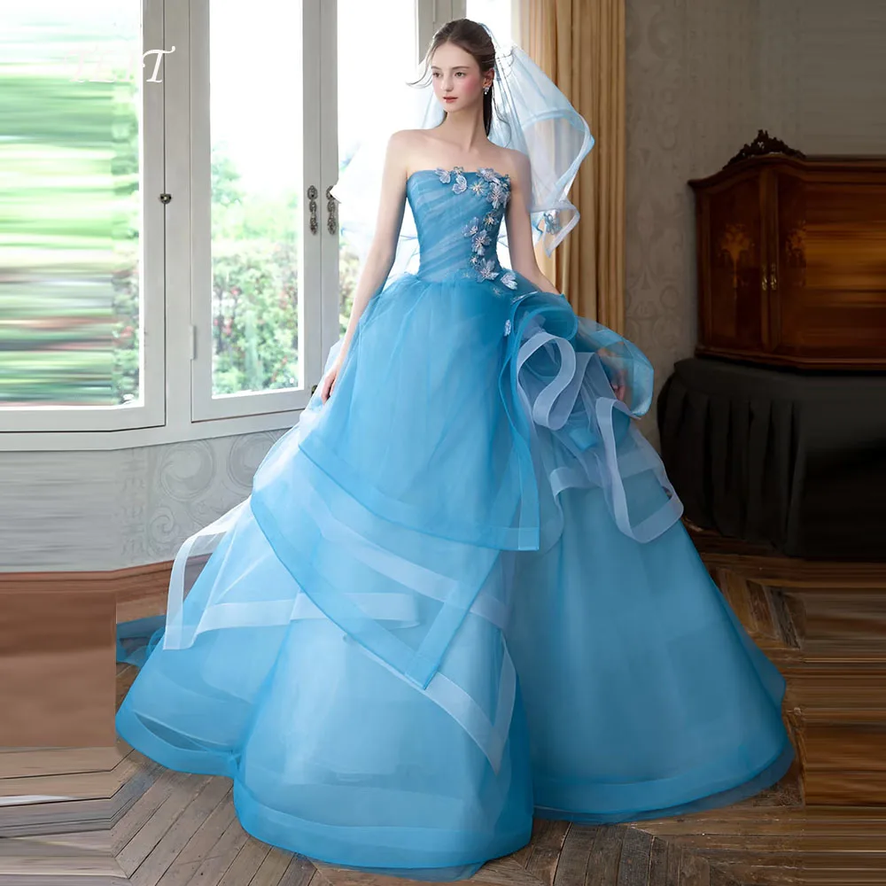 

TLIT luxurious Light Blue Organza Evening Dress Korea Wedding Dress Photo Shoot Strapless Appliques Flowers Prom Customized