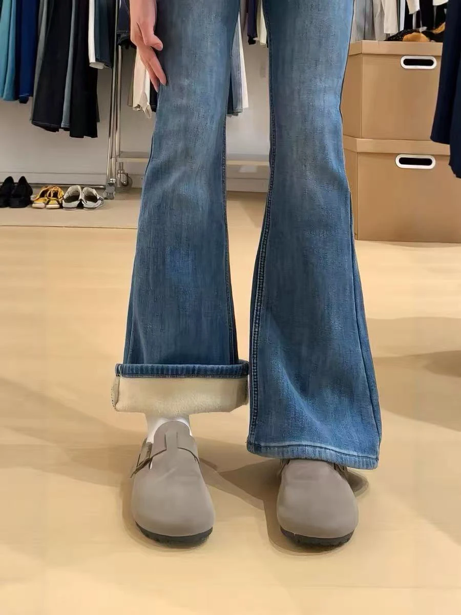 

Джинсы женские джинсовые с микро-клешем, на подкладке, винтажные, больших размеров, с высокой талией, утягивающие, эластичные, осенне-зимние