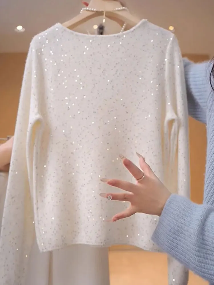 패셔너블한 캐주얼 롱 스웨터 라운드 넥 니트 스웨터 반짝이는 레이지 스타일 봄 가을 착용 편안한 스트레이트 핏 K...