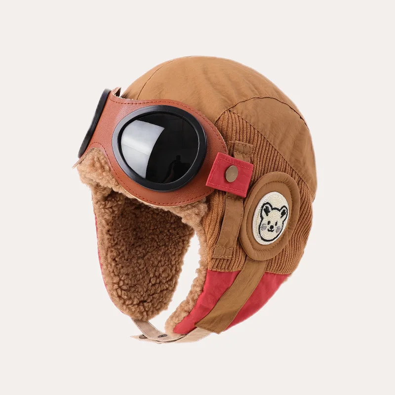 Autumn and Winter Children's Aviator Hat with Goggles, Bear Embroidery, Thickened Lamb Wool Earflap Hat, Unisex Outdoor Skiing Cold-Proof Warm Color-Blocked Cotton Hat, Multiple Colors Available