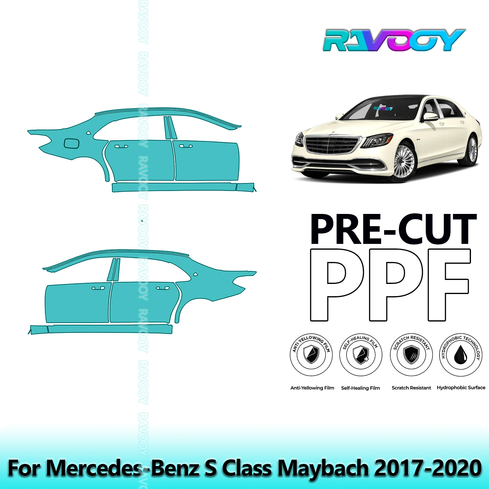 

For Mercedes-Benz S Class Maybach 2017-2020 8.5mil Clear Matte Pre-Cut PPF Door & A/B Pillar Kit TPU Paint Protection Film Set