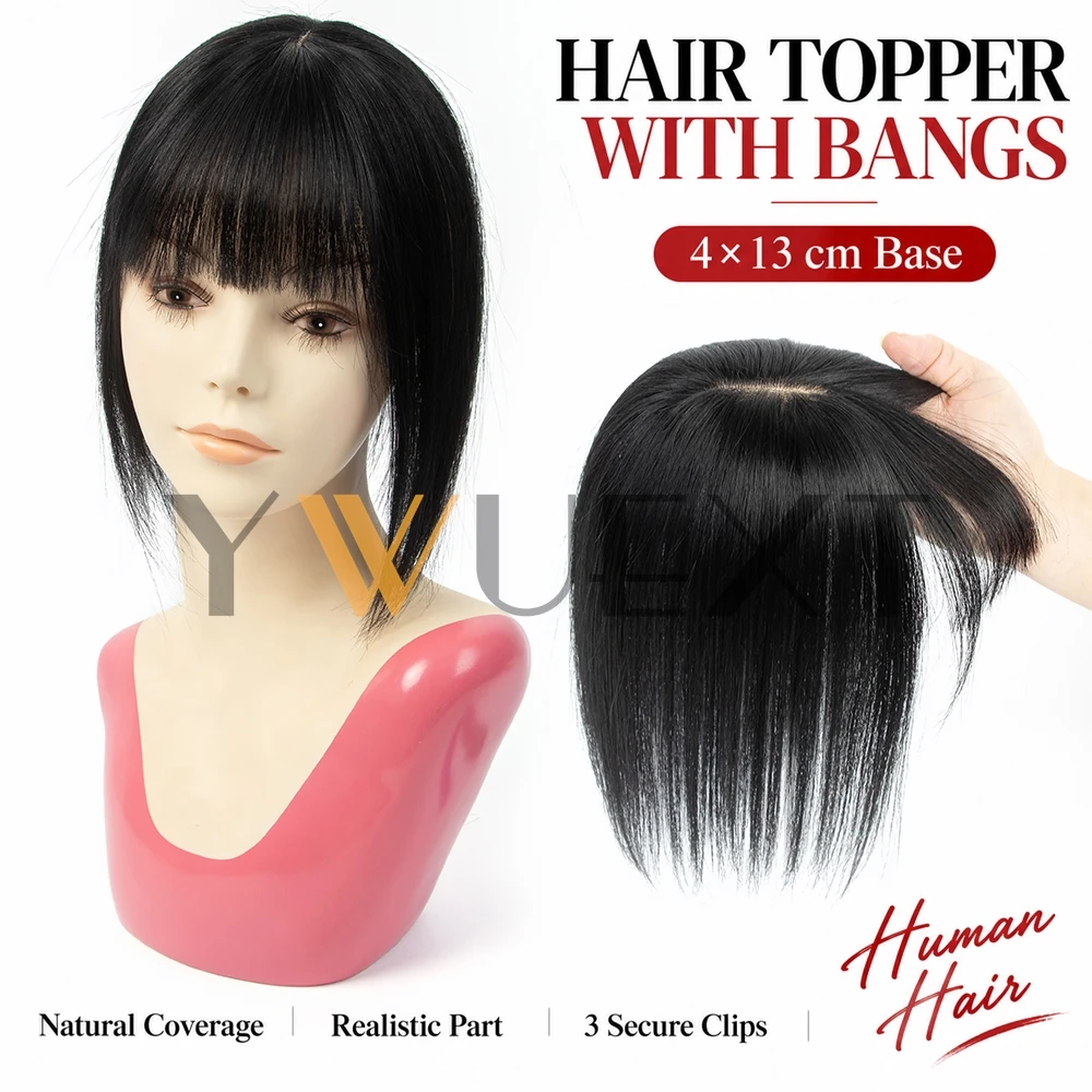 Real Human Hair Topper Wig Suitable for Bald&Thinning Hair - Clip-In Hairpiece with Lace Base&Bangs Hair Extensions for Volume
