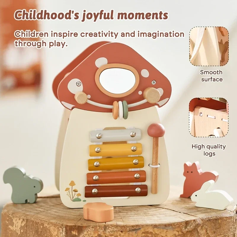 Baby Montessori Toy Wooden Five-in-one Mushroom Castle Stacking Puzzle Toy Kid Houses Blocks Early Childhood Education Game Gift