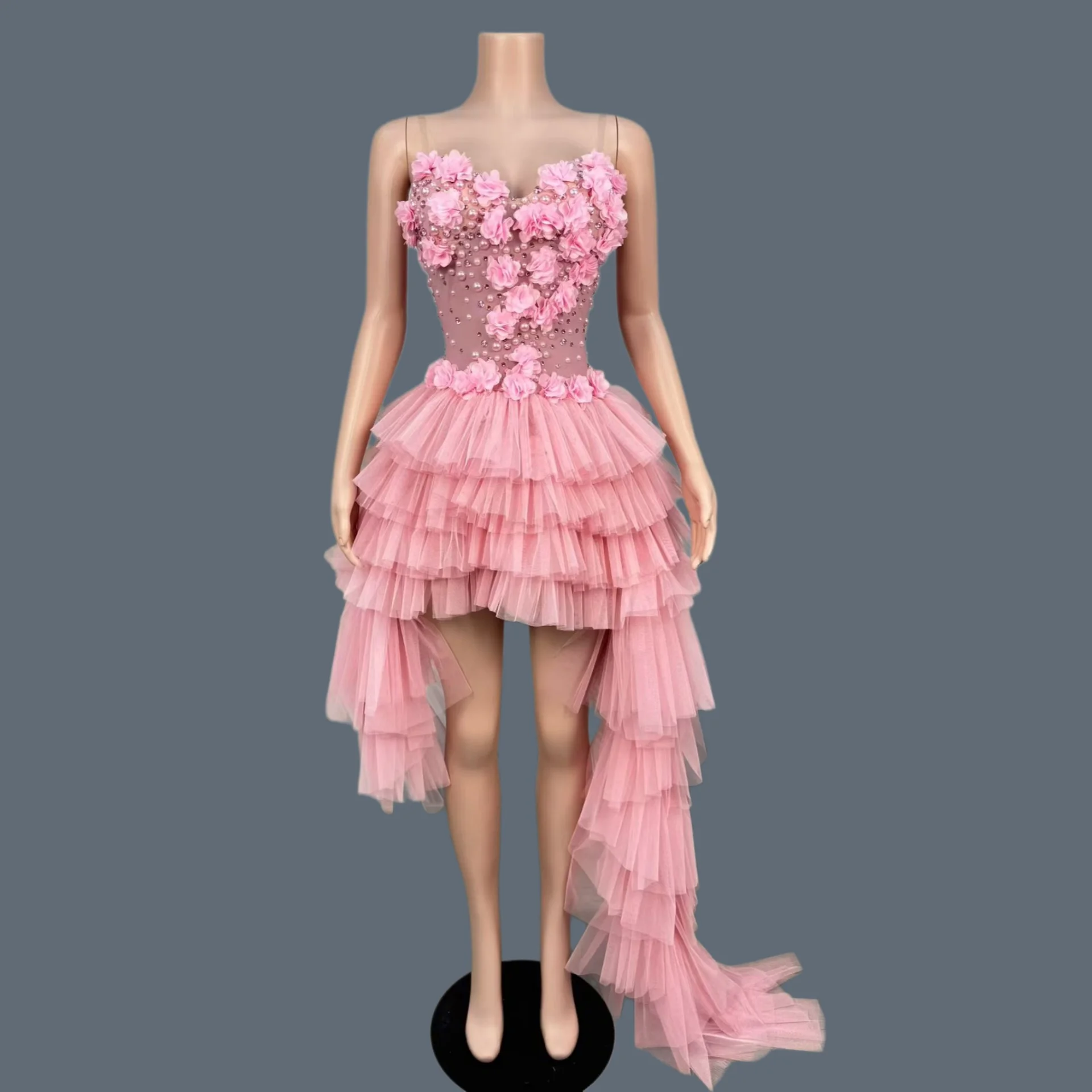 

Sparkly Rhinestones Flower Long Tail Mini Dress Sexy Mesh Evening Dress Birthday Party Celebrate tutu Dress Stage Wear Chunxiao